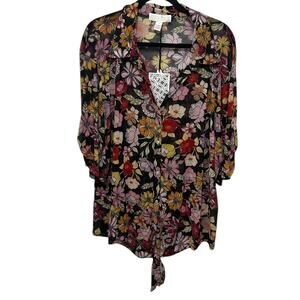 SO IT IS Sheer Blouse Womens Size 3X Florence Anime Floral Elbow Sleeve Knot Tie